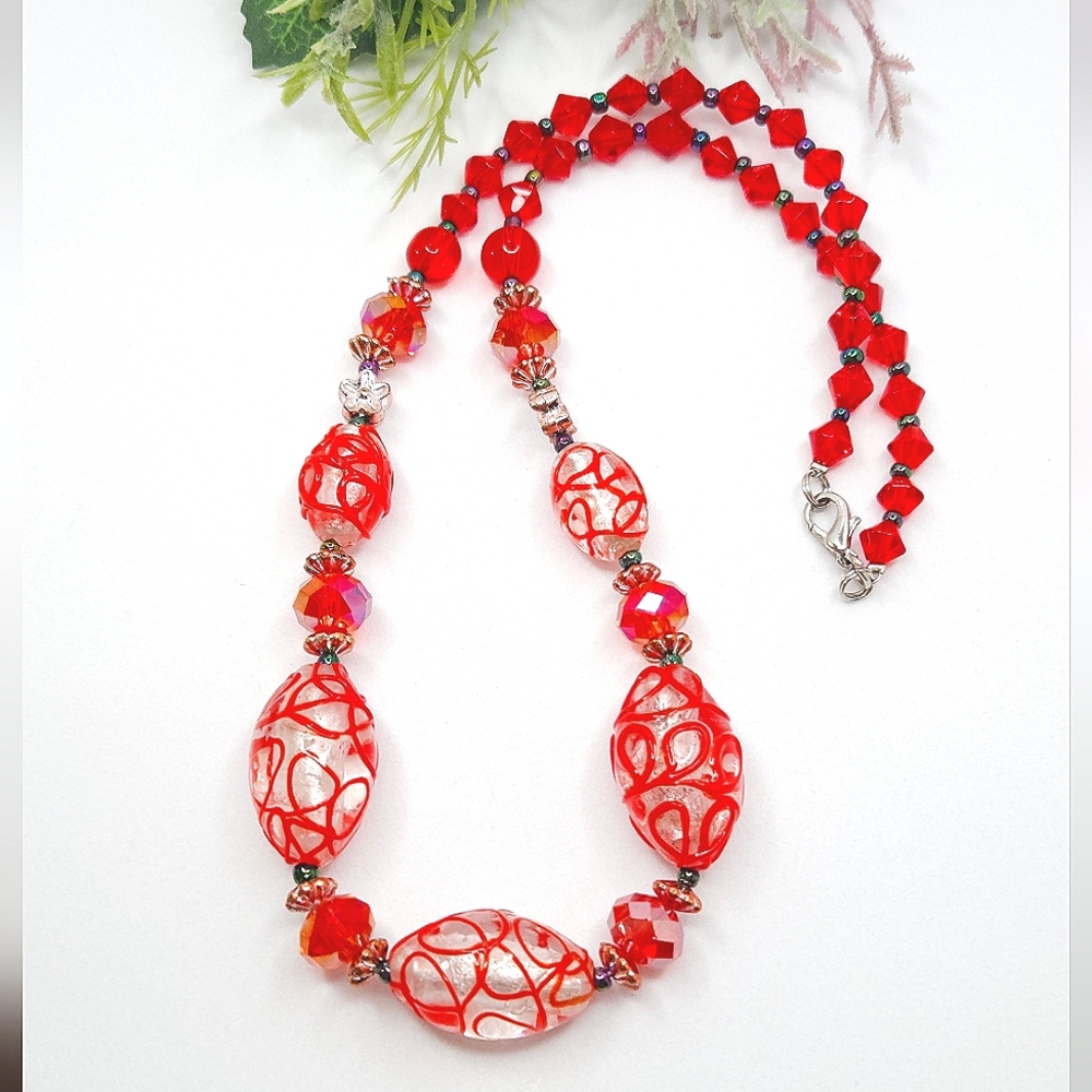 Handmade Vintage Red Swirl Lampwork Bead & AB Orange Crystal Necklace 18" Long